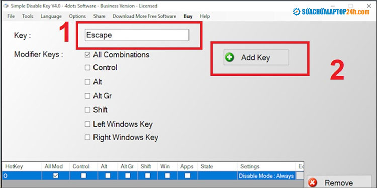 Nhấn Add Key để thêm các phím đã bấm và danh sách phím cần khóa