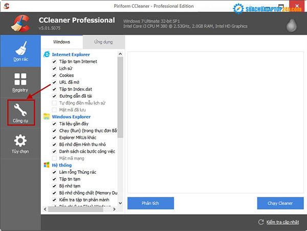 Chọn Công cụ trong chương trình CCleaner