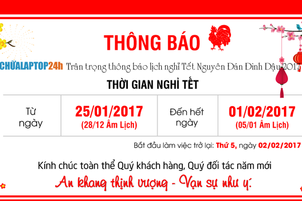 Thông báo lịch nghỉ Lễ Tết Âm Lịch 2017