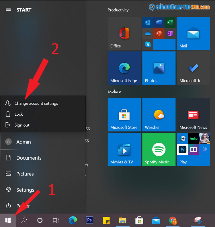 Bước 1 cách đặt mật khấu máy tính cho Windows 10.