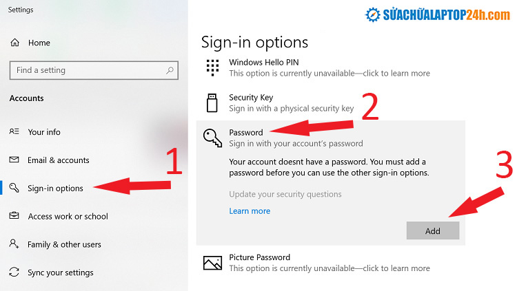Bước 2 hướng dẫn cách đặt mật khẩu máy tính Windows 10.