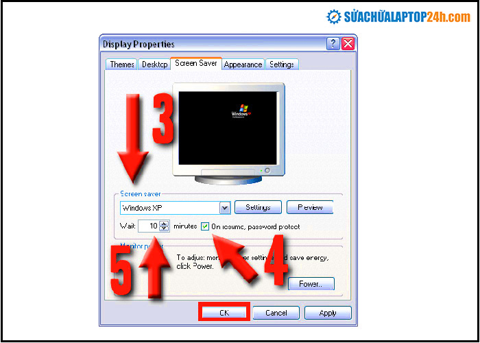 Bước 3,4,5 hướng dẫn khóa màn hình máy tính Windows XP và Windows Vista.