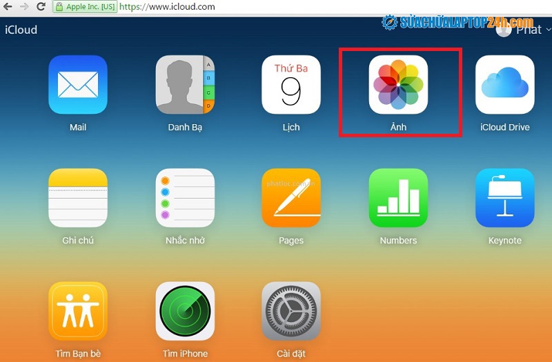 Bước 2 tải ảnh từ iCloud về máy tính qua trang web iCloud.com.