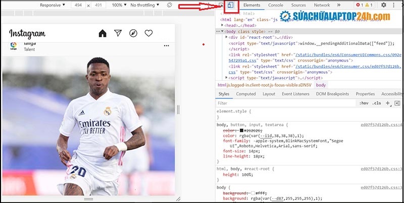 Chọn Toggle device toolbar trong bảng Developer console để chuyển Instagram sang phiên bản di động