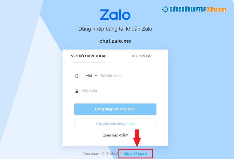 Nhấn chọn Đăng ký để tạo tài khoản Zalo trên website.
