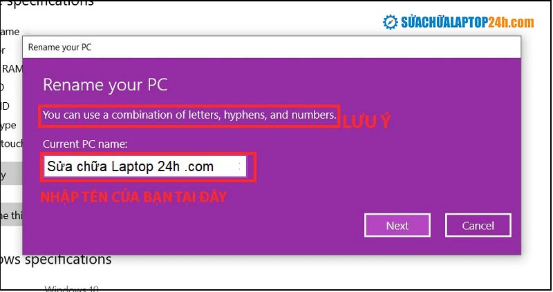 Nhập tên PC mới của bạn vào ô dưới phần Current PC name