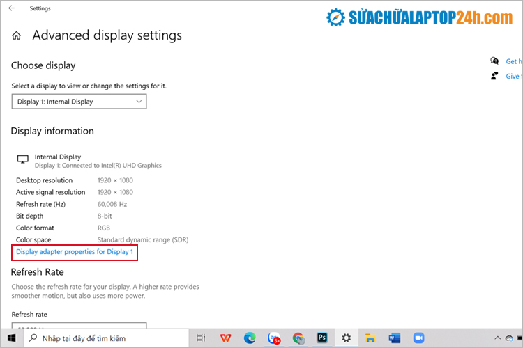 Nhấp vào Display adapter properties for Display 1