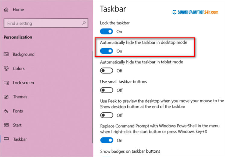Kích hoạt Automatically hide the Taskbar in desktop mode