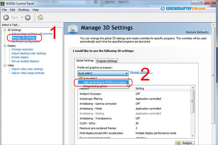 Chọn công cụ Manage 3D settings