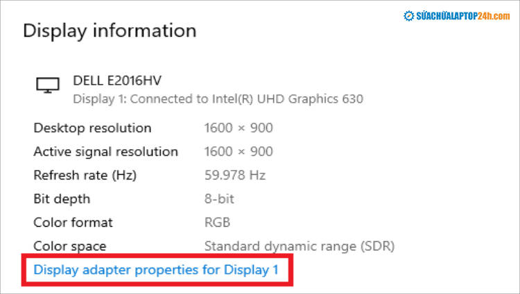 Chọn Display adapter properties for Display 1 như hình