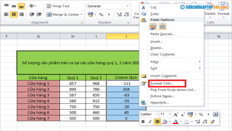 Chọn Format Cells như trên màn hình