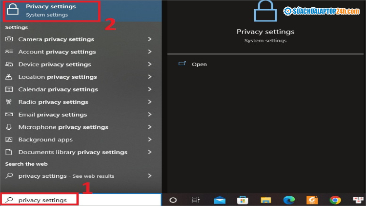 Mở ứng dụng Privacy settings như trên màn hình