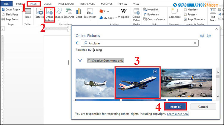 Chọn hình ảnh từ Bing hoặc OneDrive để chèn như hình