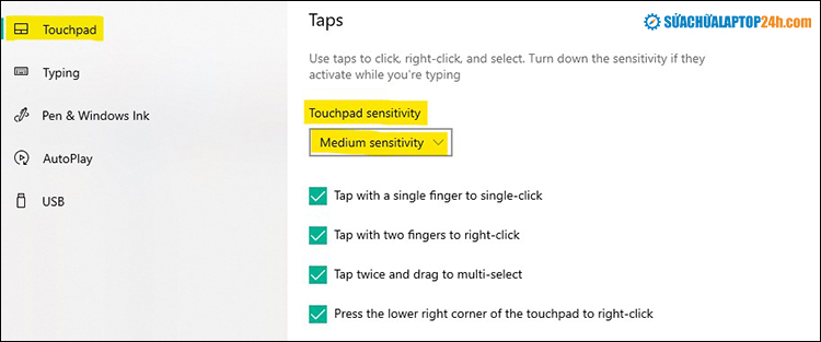 Thiết lập lại độ nhạy của Touchpad Sensitivity