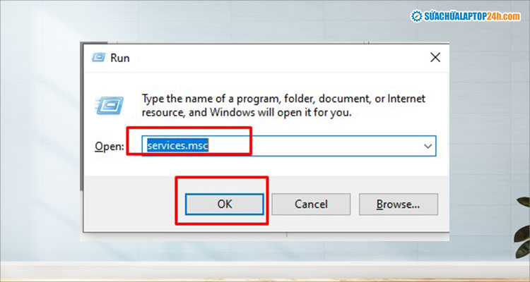 Nhập lệnh services.msc vào ô Open