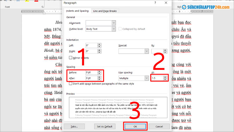  Thực hiện thứ tự như hình để thiết lập giãn dòng trong Word