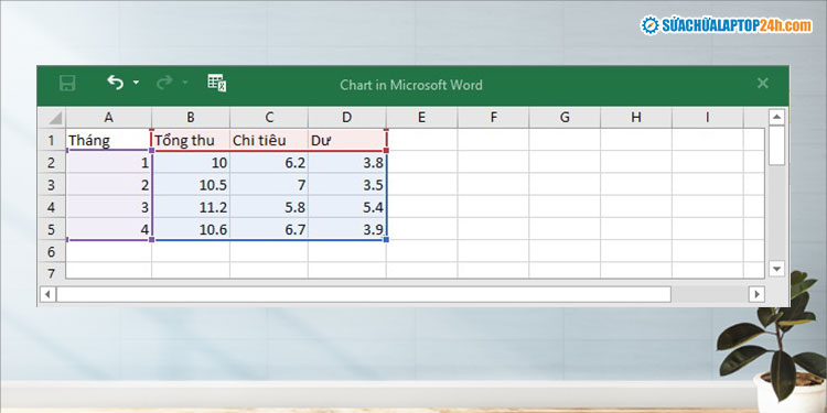 Nhập dữ liệu vào bảng Excel để tạo biểu đồ trong Word
