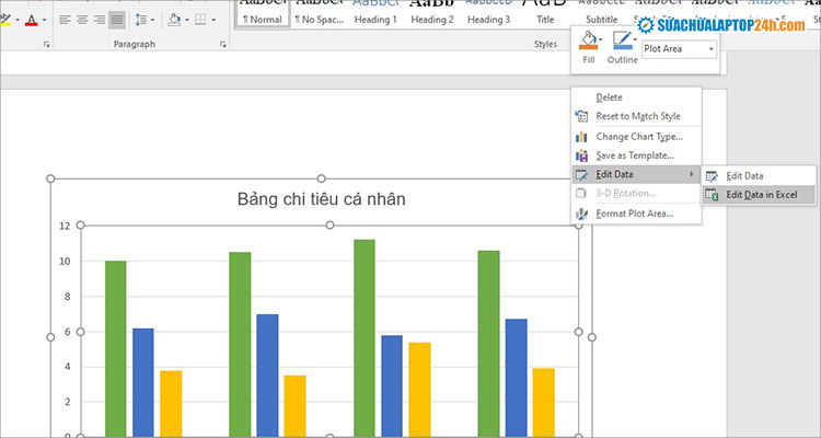 Nhấn chọn Edit Data in Excel để thay đổi dữ liệu trong biểu đồ