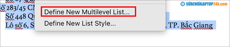 Chọn Define New Multilevel List để tùy chỉnh các mục con nâng cao hơn