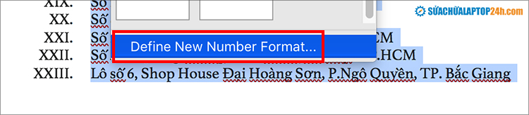 Chọn Define New Number Format để tùy chỉnh cách nâng cao