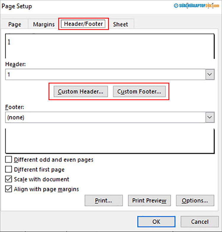 Chọn thẻ Header/Footer trong cửa sổ Page Setup