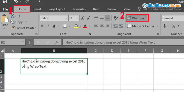 Chọn Wrap Text như hình để tự động xuống dòng trong Excel