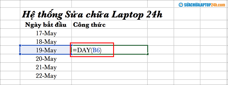 Nhập hàm =DAY(ô bạn muốn tách ngày) vào ô bảng tính