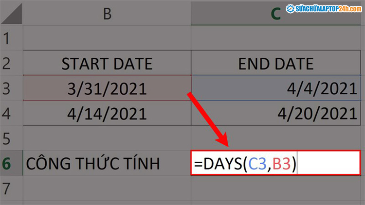 Nhập hàm =DAYS(C3,B3) vào ô bảng tính