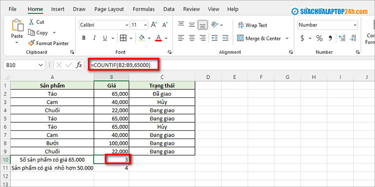 Nhập hàm đếm số lượng có điều kiện như hình