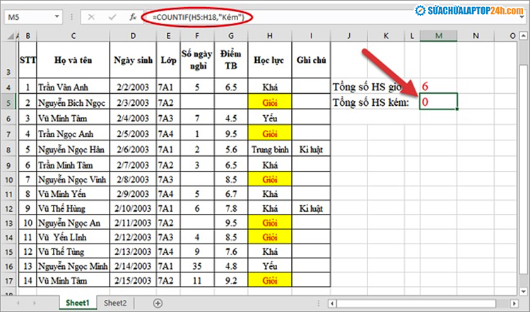 Ví dụ hàm đếm dữ liệu trùng trong Excel