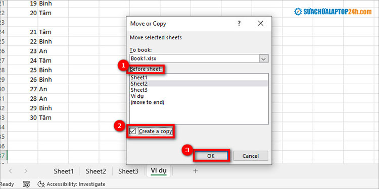 Chọn thứ tự như hình để copy 1 sheet trong Excel sang file khác