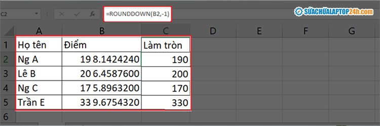 Làm tròn xuống đến hàng chục