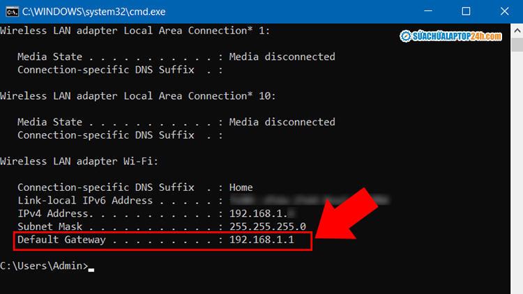 Địa chỉ IP của Router nằm ở dòng Default Gateway