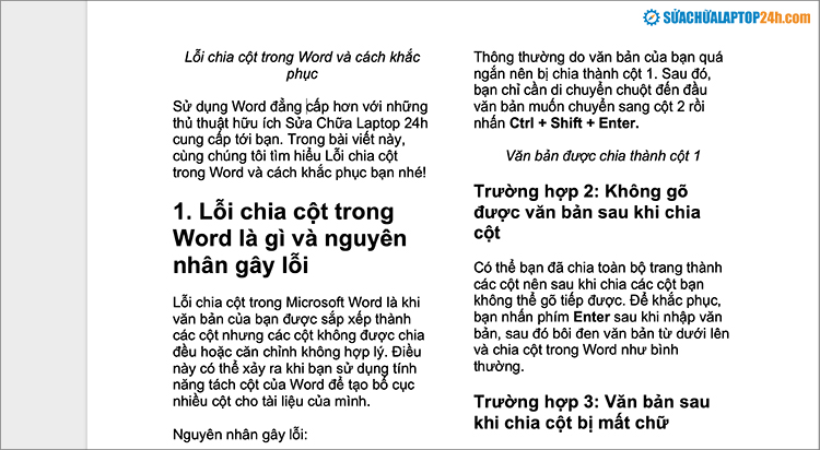 Văn bản sau khi chia cột bị mất chữ