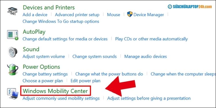 Chọn Windows Mobility Center