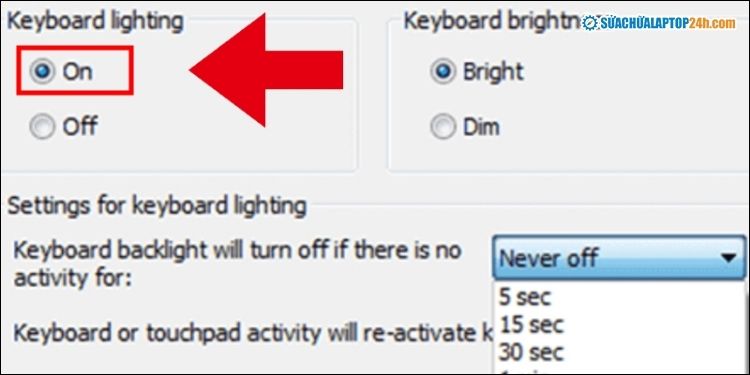 Chọn On để bật sáng đèn bàn phím laptop