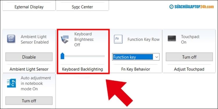 Chọn Keyboard Backlighting để truy cập mục bật/tắt đèn bàn phím