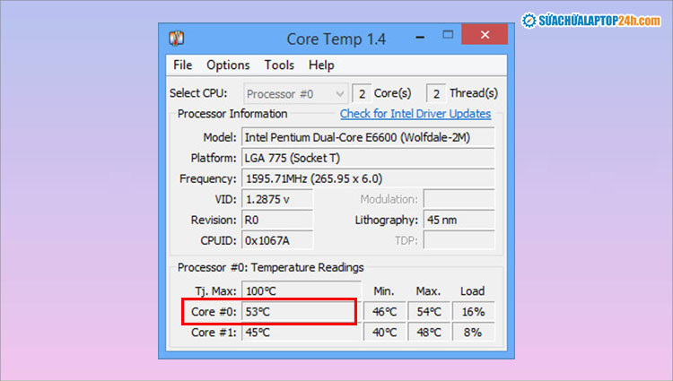 Thông tin nhiệt độ CPU trên phần mềm Core Temp