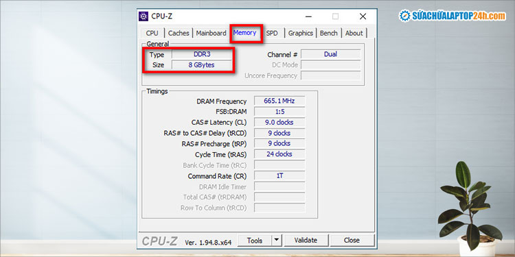 Thông tin về RAM laptop tại tab Memory
