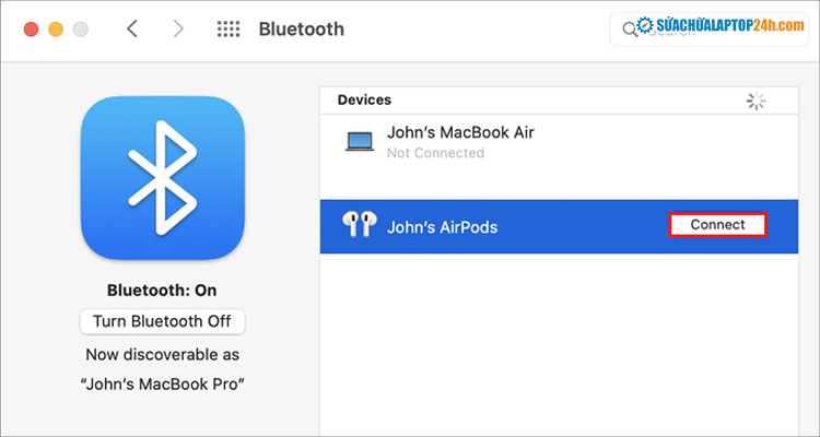 Nhấn Connect để kết nối AirPods với laptop