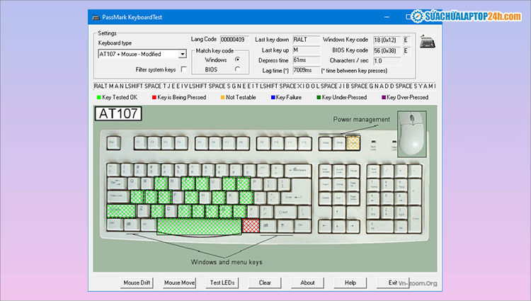Giao diện phần mềm test bàn phím máy tính PassMark KeyboardTest