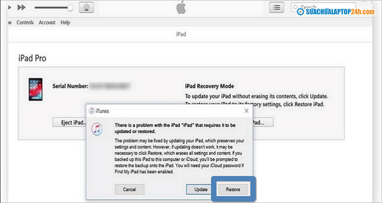 Chọn Khôi phục (Restore) có thể gây mất dữ liệu nếu không có bản sao