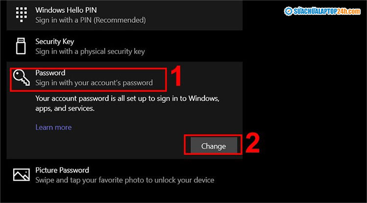 Nhấn Change để thay đổi cài đặt mật khẩu đăng nhập máy tính Win 10