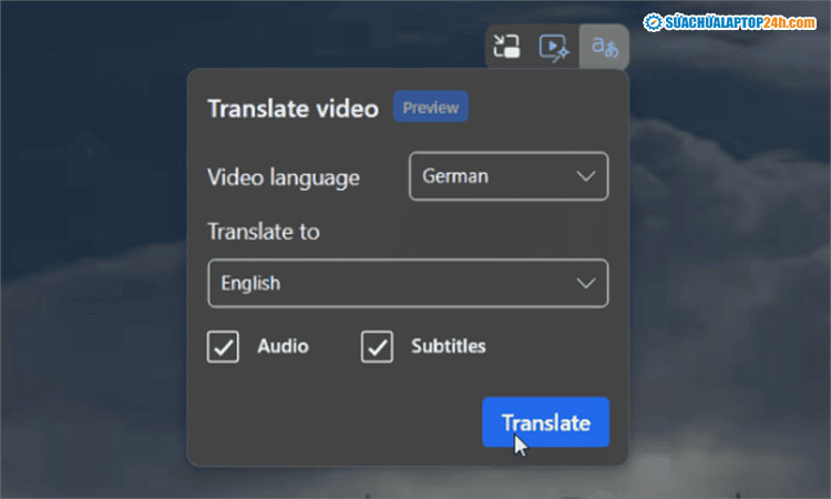 Cửa sổ lựa chọn dịch video trên Microsoft Edge