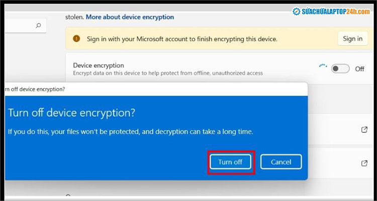 Chọn Turn off để hoàn thành quá trình tắt BitLocker