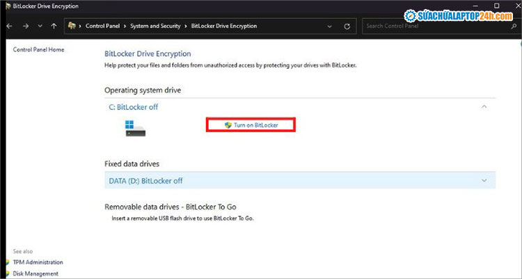 Chọn Turn on BitLocker.