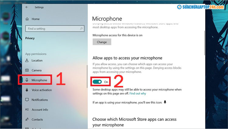 Bật On tại mục Allow apps to access your microphone