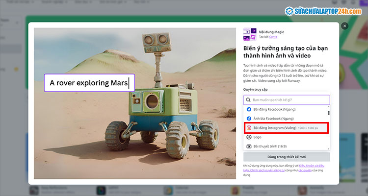 Chọn kích thước ảnh cần tạo theo nhu cầu hoặc thiết lập kích thước tùy chọn