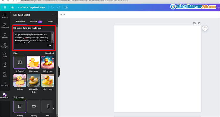 Nhập mô tả càng chi tiết càng tốt vào ô trống như hình