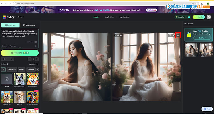 Nhấn chọn mũi tên để tải xuống hình ảnh tạo bằng AI Fotor